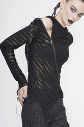 Chemise Punk pour Femme à Capuche Noire, Tricotée en Trois Dimensions, avec Fermeture Éclair Inclinée et Ourlet Irrégulier